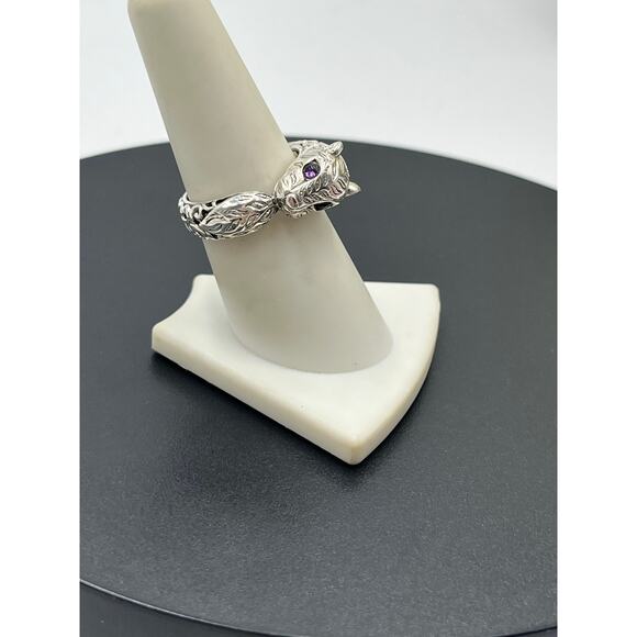 Sterling Silver Panther Scrollwork Intricate Bali Genuine Amethyst Eyes Ring 8 - Picture 10 of 12